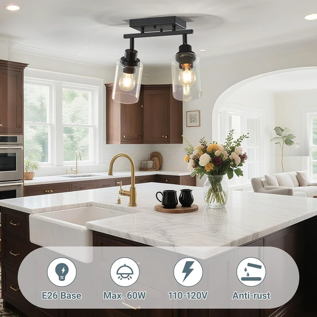 Alt view image 3 of 7 - LOUSACE 2 Light Kitchen Track Light Fixtures Ceiling Vanity Lights Black, Bathroom Track Lighting Kit w/Rotatable Heads & Clear Glass Shade, Modern Wall Ceiling Tracking Light for Accent Shop Hallway