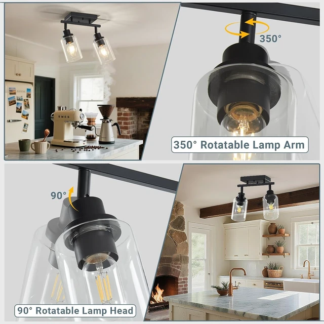 Alt view image 4 of 7 - LOUSACE 2 Light Kitchen Track Light Fixtures Ceiling Vanity Lights Black, Bathroom Track Lighting Kit w/Rotatable Heads & Clear Glass Shade, Modern Wall Ceiling Tracking Light for Accent Shop Hallway