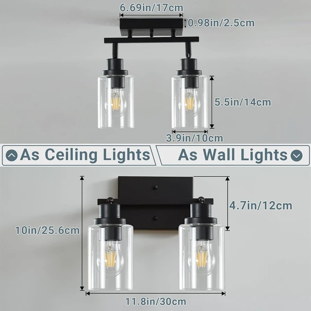 Alt view image 6 of 7 - LOUSACE 2 Light Kitchen Track Light Fixtures Ceiling Vanity Lights Black, Bathroom Track Lighting Kit w/Rotatable Heads & Clear Glass Shade, Modern Wall Ceiling Tracking Light for Accent Shop Hallway
