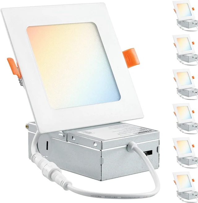 Main image of PARMIDA (6 Pack) 4 Inch Square 5CCT Ultra Thin LED Recessed Lighting with Junction Box, 2700K/3000K/3500K/4000K/5000K 5 Color Selectable, 9W, Dimmable, Canless Wafer Slim Panel Lights, IC Rated, ETL