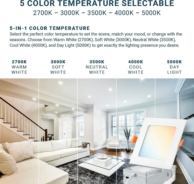 Alt view image 3 of 7 - PARMIDA (6 Pack) 4 Inch Square 5CCT Ultra Thin LED Recessed Lighting with Junction Box, 2700K/3000K/3500K/4000K/5000K 5 Color Selectable, 9W, Dimmable, Canless Wafer Slim Panel Lights, IC Rated, ETL