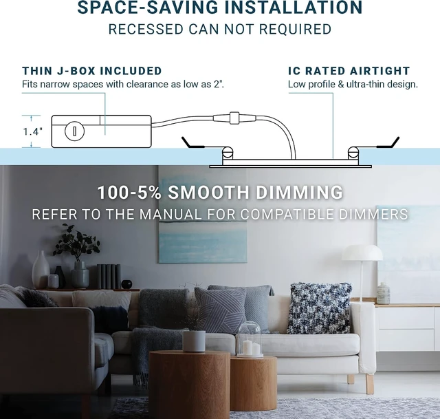Alt view image 5 of 7 - PARMIDA (6 Pack) 4 Inch Square 5CCT Ultra Thin LED Recessed Lighting with Junction Box, 2700K/3000K/3500K/4000K/5000K 5 Color Selectable, 9W, Dimmable, Canless Wafer Slim Panel Lights, IC Rated, ETL