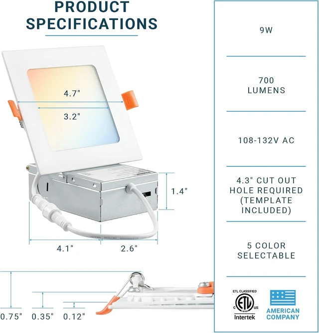 Alt view image 2 of 7 - PARMIDA (6 Pack) 4 Inch Square 5CCT Ultra Thin LED Recessed Lighting with Junction Box, 2700K/3000K/3500K/4000K/5000K 5 Color Selectable, 9W, Dimmable, Canless Wafer Slim Panel Lights, IC Rated, ETL