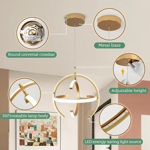 Alt view image 4 of 7 - KELUOLY Modern Gold LED Chandelier, Dimmable Metal Brushed Globe Pendant Lights, Hanging Ceiling Light Fixture for Kitchen Island Living Room Room Dining Bedroom Hallway Entryway Foyer 13 Inchs