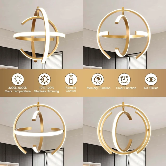 Alt view image 5 of 7 - KELUOLY Modern Gold LED Chandelier, Dimmable Metal Brushed Globe Pendant Lights, Hanging Ceiling Light Fixture for Kitchen Island Living Room Room Dining Bedroom Hallway Entryway Foyer 13 Inchs