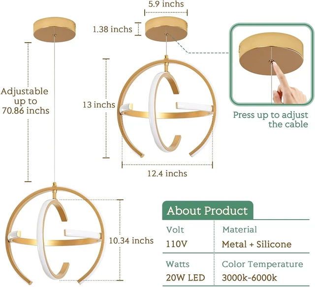 Alt view image 3 of 7 - KELUOLY Modern Gold LED Chandelier, Dimmable Metal Brushed Globe Pendant Lights, Hanging Ceiling Light Fixture for Kitchen Island Living Room Room Dining Bedroom Hallway Entryway Foyer 13 Inchs