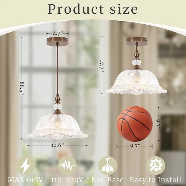Alt view image 3 of 7 - 10.6" Glass Brass Gold Vintage Pendant Light Fixtures for Kitchen Island