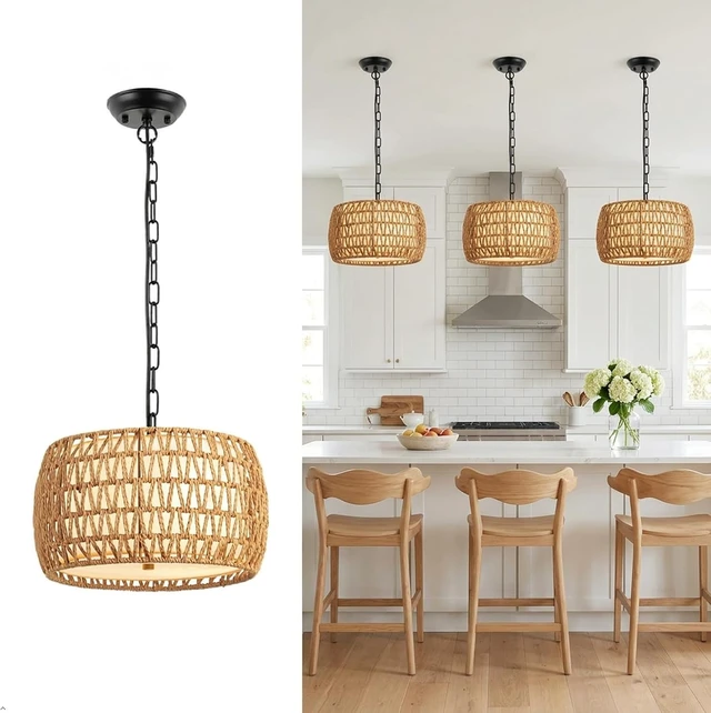Alt view image 2 of 7 - WILON 12.4'' 3-Light Modern Boho Rattan Pendant Light, Brown