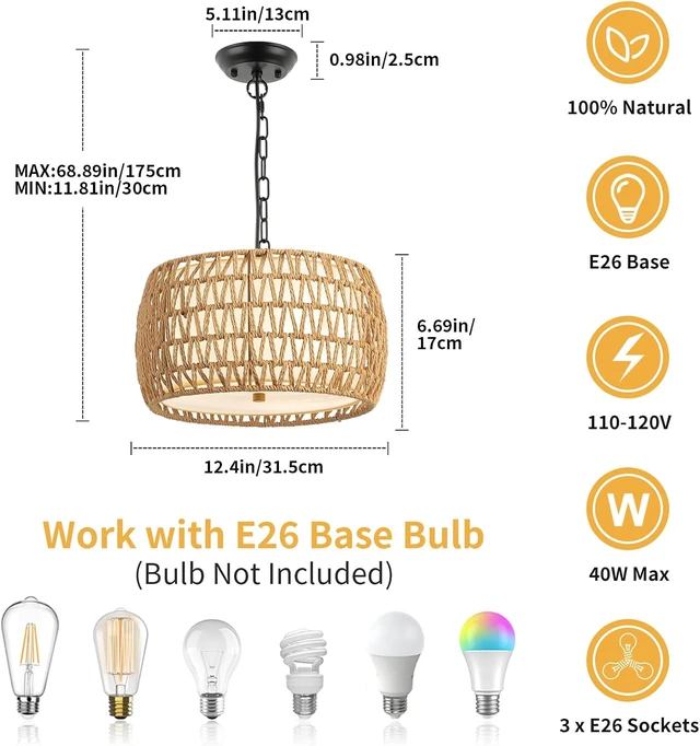 Alt view image 4 of 7 - WILON 12.4'' 3-Light Modern Boho Rattan Pendant Light, Brown