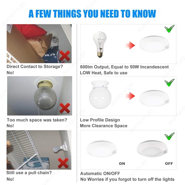 Alt view image 4 of 7 - Closet Lights Motion Sensored Indoor Ceiling Mount LED-10W 5000K Closet Stair Porch Ceiling Pantry Motion Activated Light 6-7/8 Inch 90CRI 600lm Hardwire to Junction Box, No Battery, Damp Rated 4 Pack