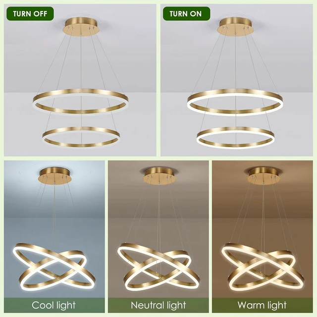 Alt view image 2 of 7 - Benkut 2 Ring LED Chandelier Gold Circular LED Pendant Light with Remote