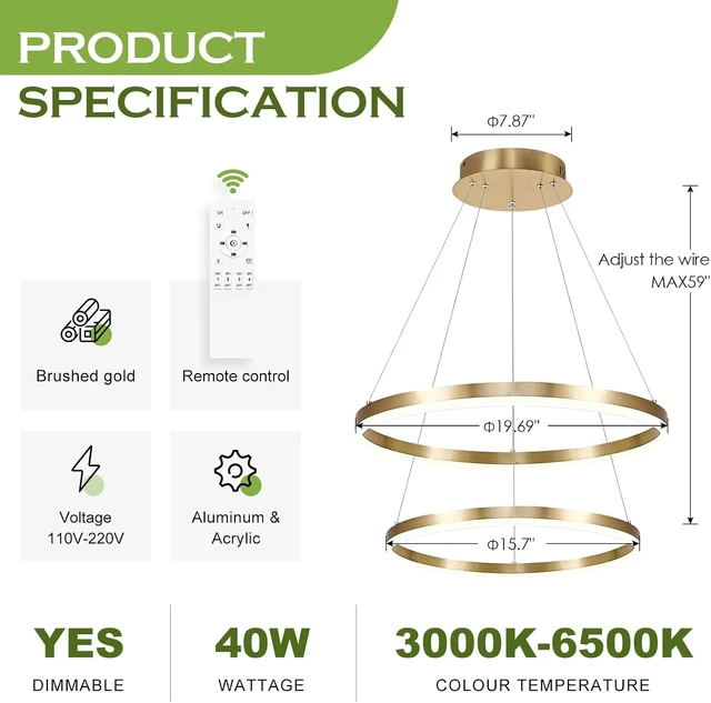 Alt view image 3 of 7 - Benkut 2 Ring LED Chandelier Gold Circular LED Pendant Light with Remote
