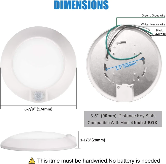 Alt view image 6 of 7 - Closet Lights Motion Sensored Indoor Ceiling Mount LED-10W 5000K Closet Stair Porch Ceiling Pantry Motion Activated Light 6-7/8 Inch 90CRI 600lm Hardwire to Junction Box, No Battery, Damp Rated 4 Pack