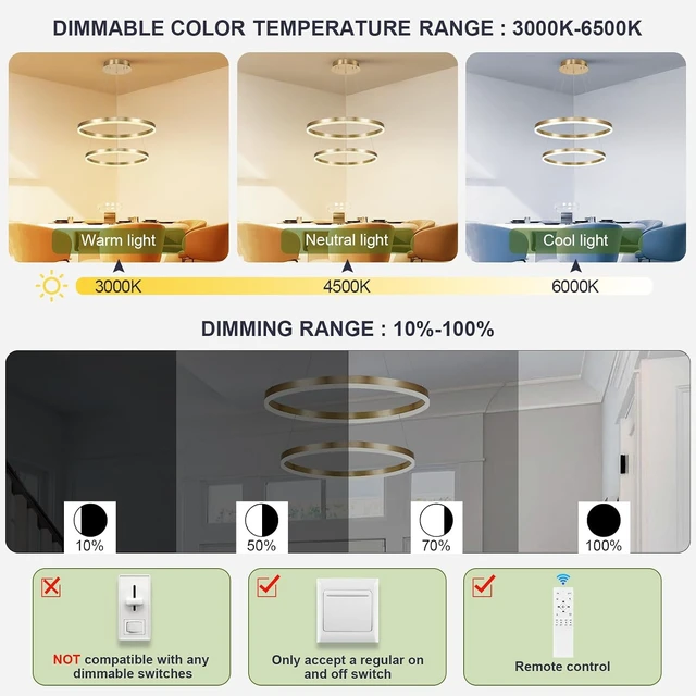 Alt view image 7 of 7 - Benkut 2 Ring LED Chandelier Gold Circular LED Pendant Light with Remote