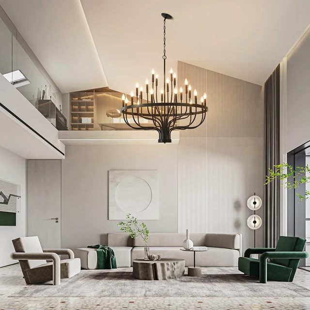 Alt view image 5 of 7 - Black Chandelier 40" Large Farmhouse Chandeliers for High Ceilings
