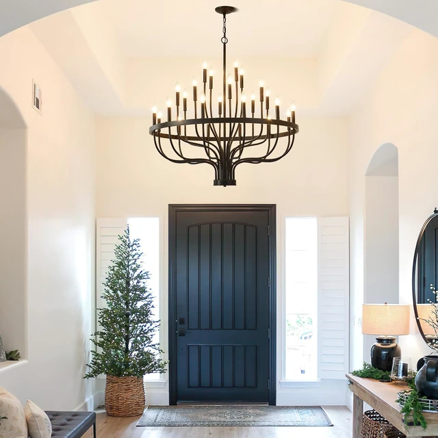 Alt view image 7 of 7 - Black Chandelier 40" Large Farmhouse Chandeliers for High Ceilings