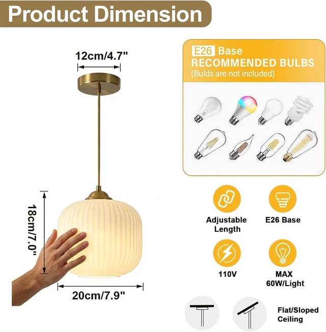Alt view image 2 of 7 - 7.9In Gold White Glass Pendant Light for Island