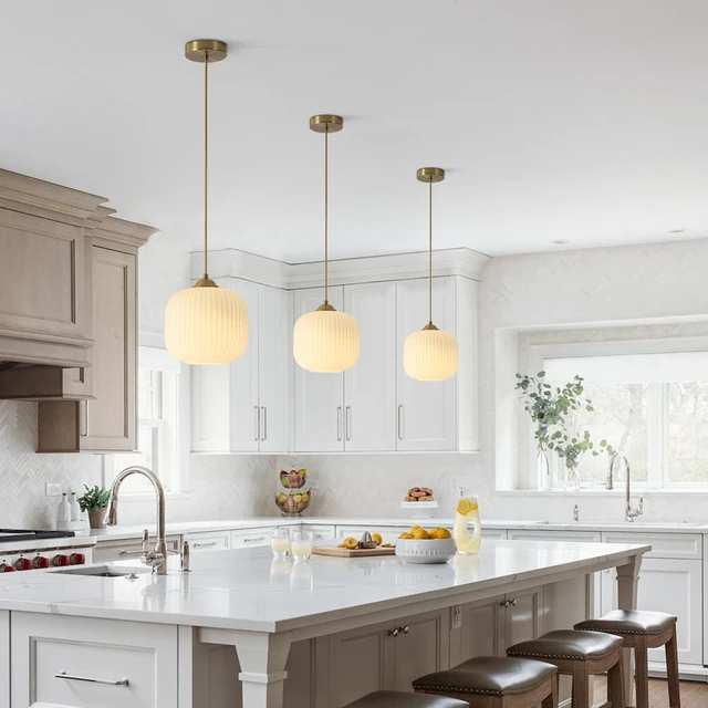 Alt view image 6 of 7 - 7.9In Gold White Glass Pendant Light for Island