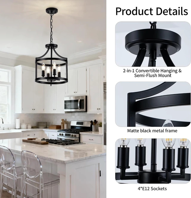 Alt view image 4 of 7 - 4-Lights Black Farmhouse Chandelier, Convertible Ceiling Light Fixture