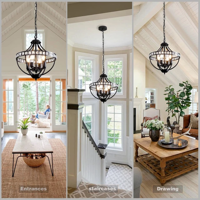 Alt view image 7 of 7 - c ChandeliersFarmhouse Ceiling Chandelier Rustic Vintage Black Pendant Hanging Lighting for Dining Room Living Room Entryway Kitchen Island Bedroom Foyer Lighting4-Light