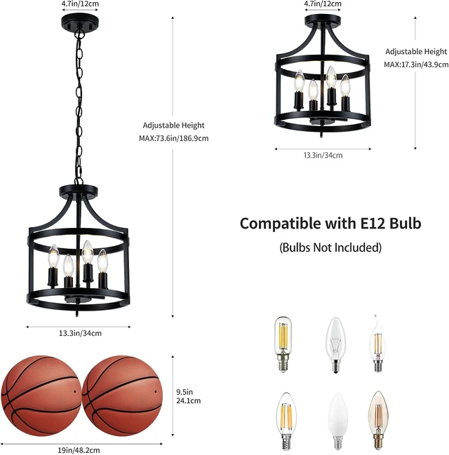Alt view image 3 of 7 - 4-Lights Black Farmhouse Chandelier, Convertible Ceiling Light Fixture
