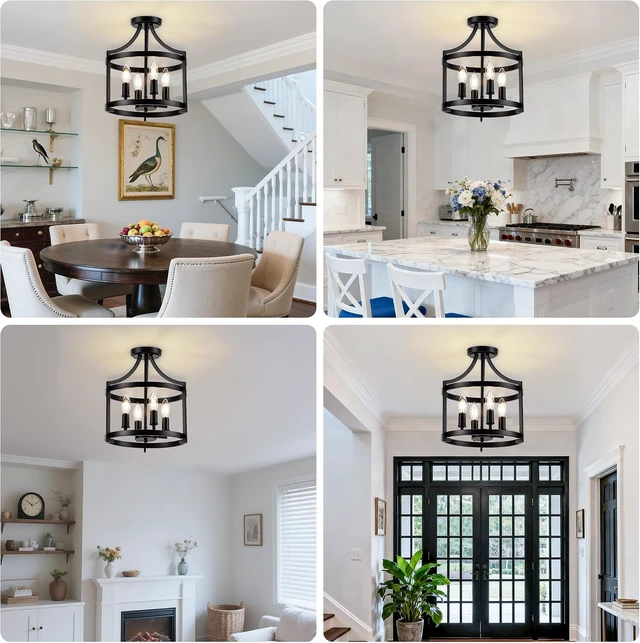 Alt view image 2 of 7 - 4-Lights Black Farmhouse Chandelier, Convertible Ceiling Light Fixture
