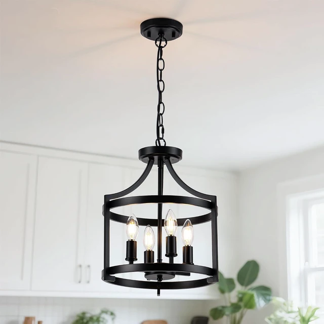 Main image of 4-Lights Black Farmhouse Chandelier, Convertible Ceiling Light Fixture