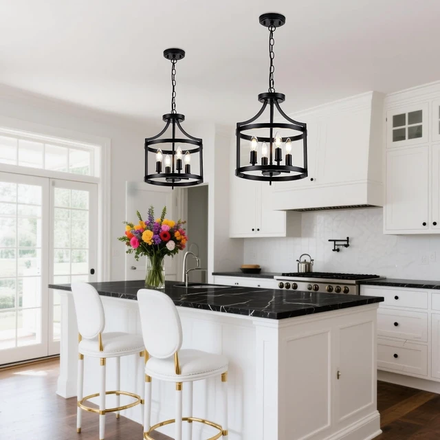 Alt view image 7 of 7 - 4-Lights Black Farmhouse Chandelier, Convertible Ceiling Light Fixture