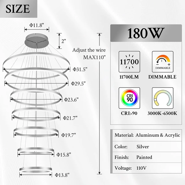 Alt view image 3 of 7 - 7-Rings D31.5in Modern LED Chandelier Silver Dimmable High Ceiling Chandeliers Foyer with Remote Control for Staircase Entryway Dining Room Living Room, 3000K-6500K