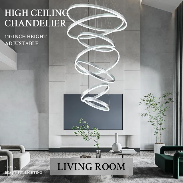 Alt view image 4 of 7 - 7-Rings D31.5in Modern LED Chandelier Silver Dimmable High Ceiling Chandeliers Foyer with Remote Control for Staircase Entryway Dining Room Living Room, 3000K-6500K