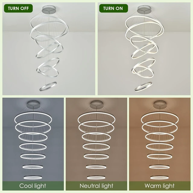 Alt view image 2 of 7 - 7-Rings D31.5in Modern LED Chandelier Silver Dimmable High Ceiling Chandeliers Foyer with Remote Control for Staircase Entryway Dining Room Living Room, 3000K-6500K