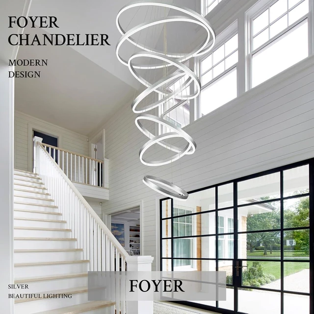 Alt view image 5 of 7 - 7-Rings D31.5in Modern LED Chandelier Silver Dimmable High Ceiling Chandeliers Foyer with Remote Control for Staircase Entryway Dining Room Living Room, 3000K-6500K
