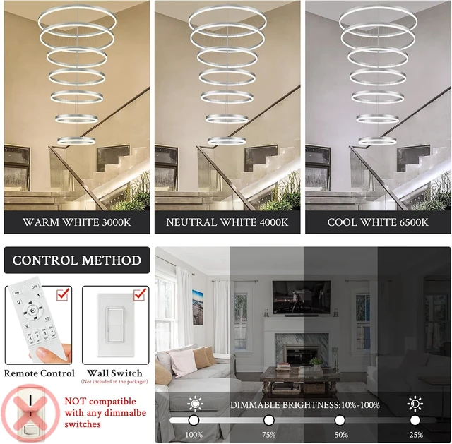 Alt view image 7 of 7 - 7-Rings D31.5in Modern LED Chandelier Silver Dimmable High Ceiling Chandeliers Foyer with Remote Control for Staircase Entryway Dining Room Living Room, 3000K-6500K