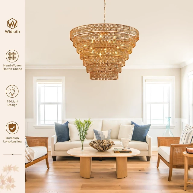 Alt view image 2 of 7 - 39.4" Large Gold Rattan Chandelier, 15-Light Wicker Drum Boho Light