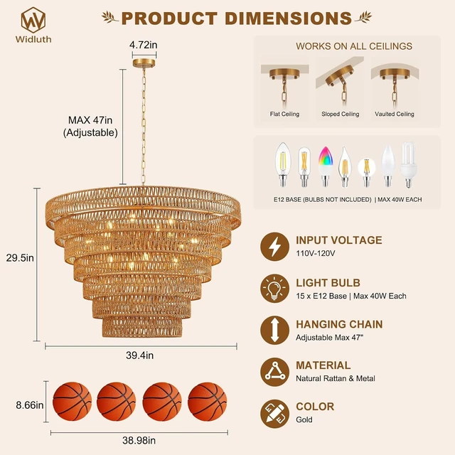 Alt view image 3 of 7 - 39.4" Large Gold Rattan Chandelier, 15-Light Wicker Drum Boho Light