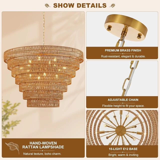 Alt view image 4 of 7 - 39.4" Large Gold Rattan Chandelier, 15-Light Wicker Drum Boho Light