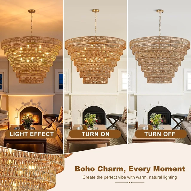Alt view image 5 of 7 - 39.4" Large Gold Rattan Chandelier, 15-Light Wicker Drum Boho Light