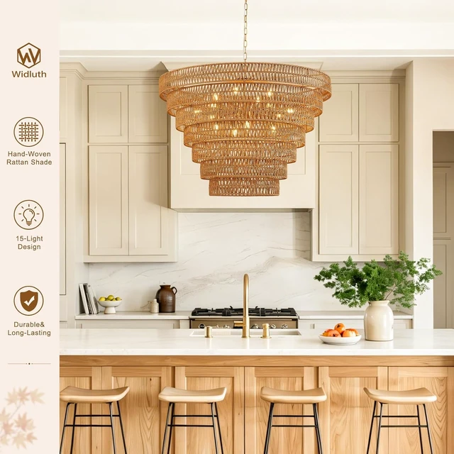 Alt view image 6 of 7 - 39.4" Large Gold Rattan Chandelier, 15-Light Wicker Drum Boho Light
