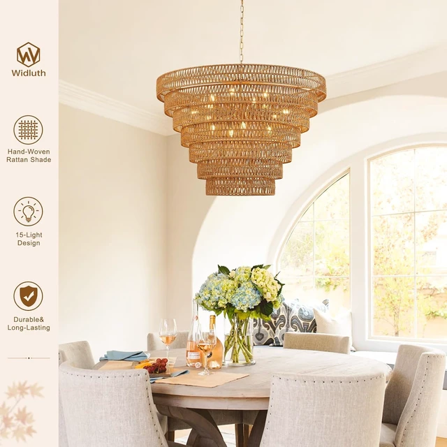 Alt view image 7 of 7 - 39.4" Large Gold Rattan Chandelier, 15-Light Wicker Drum Boho Light