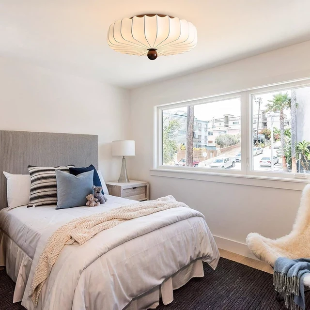 Alt view image 5 of 7 - KCO Japanese 15.7 White Imitation Silk Fabric Flush Mount Ceiling Light