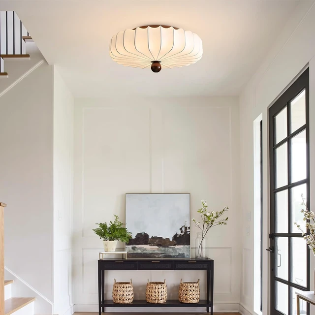 Alt view image 4 of 7 - KCO Japanese 15.7 White Imitation Silk Fabric Flush Mount Ceiling Light
