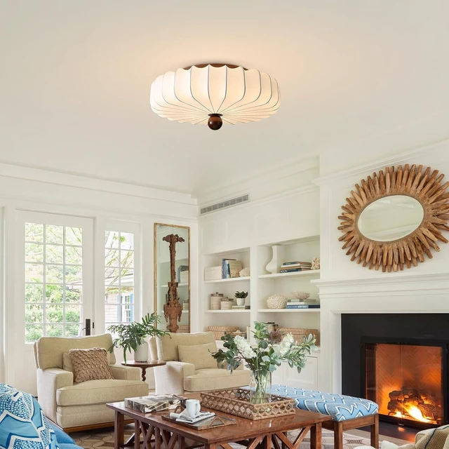 Alt view image 7 of 7 - KCO Japanese 15.7 White Imitation Silk Fabric Flush Mount Ceiling Light