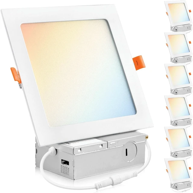 Main image of PARMIDA (6 Pack) 6 Inch Square 5CCT Ultra Thin LED Recessed Lighting with Junction Box, 2700K/3000K/3500K/4000K/5000K 5 Color Selectable, 12W, Dimmable, Canless Wafer Slim Panel Lights, IC Rated, ETL