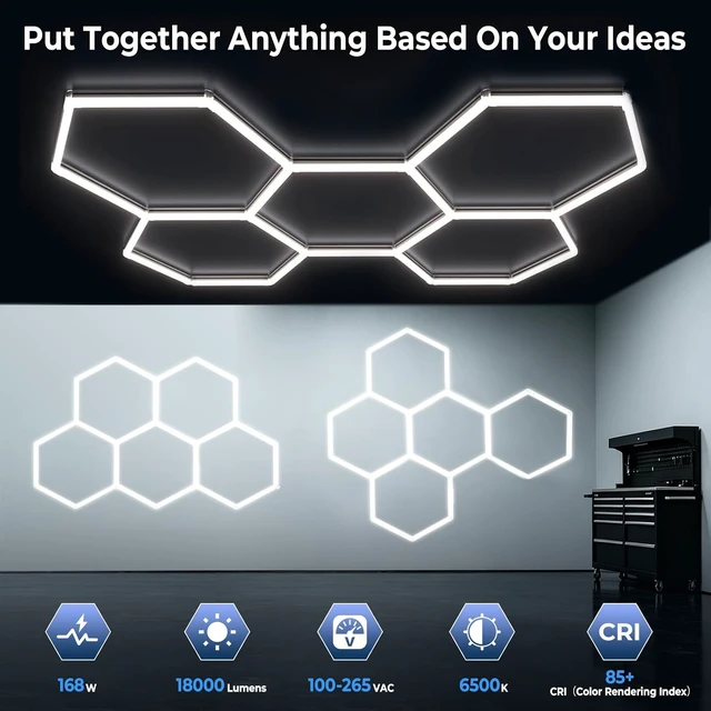 Alt view image 3 of 7 - Gardencoin Hexagon LED Garage Lights 2026 Updated,1.3-inch Widened Light Surface, 168W 18000LM 6500K 5 Grids, Thickened-PC Shell, LED Shop Lighting for Garage, Car Detailing, Gym, Workshop, Basement