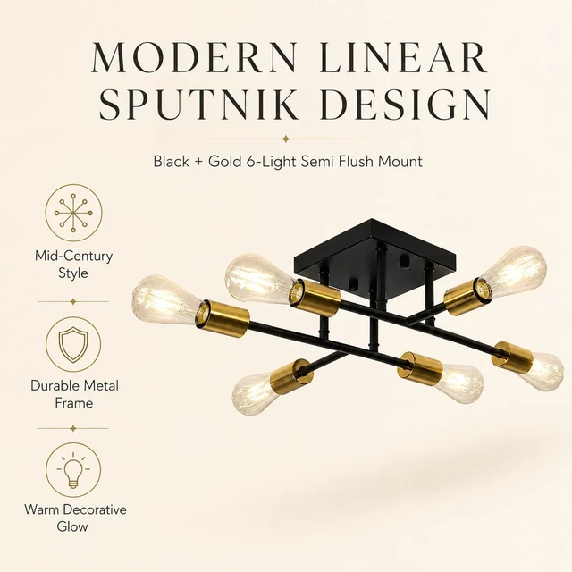 Alt view image 2 of 7 - 6-Light Semi Flush Mount Ceiling Light, Black Gold Sputnik