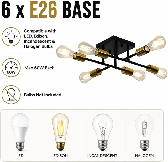 Alt view image 3 of 7 - 6-Light Semi Flush Mount Ceiling Light, Black Gold Sputnik