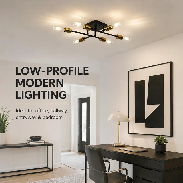 Alt view image 4 of 7 - 6-Light Semi Flush Mount Ceiling Light, Black Gold Sputnik