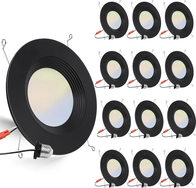 Main image of 12 Pack 5/6 Inch 5CCT Black LED Recessed Lighting Retrofit, 2700K/3000K/4000K/5000K/6500K Selectable, Dimmable Can Lights with Baffle Trim, 12W=150W, High Brightness 1000LM, Wet Rated, ETL Certified