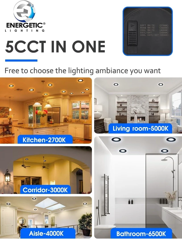 Alt view image 3 of 7 - 12 Pack 5/6 Inch 5CCT Black LED Recessed Lighting Retrofit, 2700K/3000K/4000K/5000K/6500K Selectable, Dimmable Can Lights with Baffle Trim, 12W=150W, High Brightness 1000LM, Wet Rated, ETL Certified