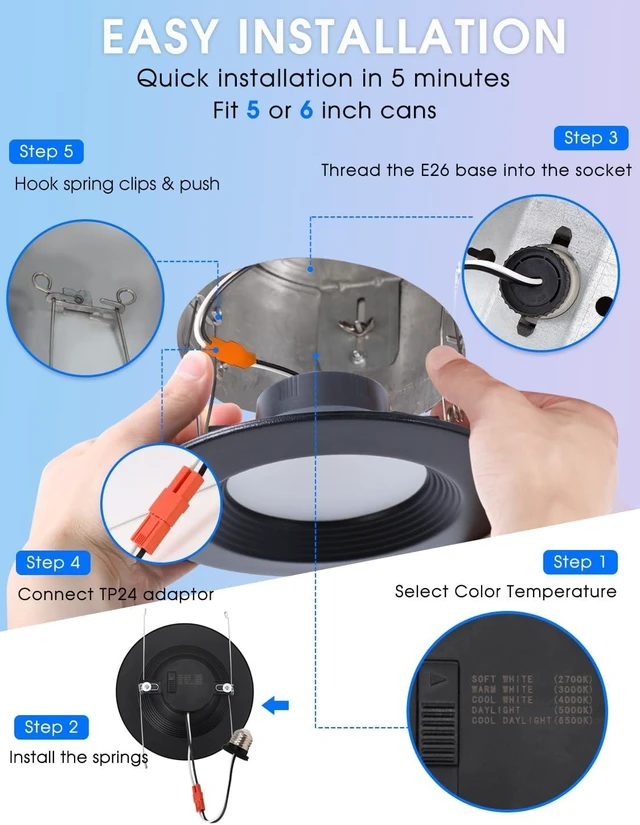 Alt view image 7 of 7 - 12 Pack 5/6 Inch 5CCT Black LED Recessed Lighting Retrofit, 2700K/3000K/4000K/5000K/6500K Selectable, Dimmable Can Lights with Baffle Trim, 12W=150W, High Brightness 1000LM, Wet Rated, ETL Certified